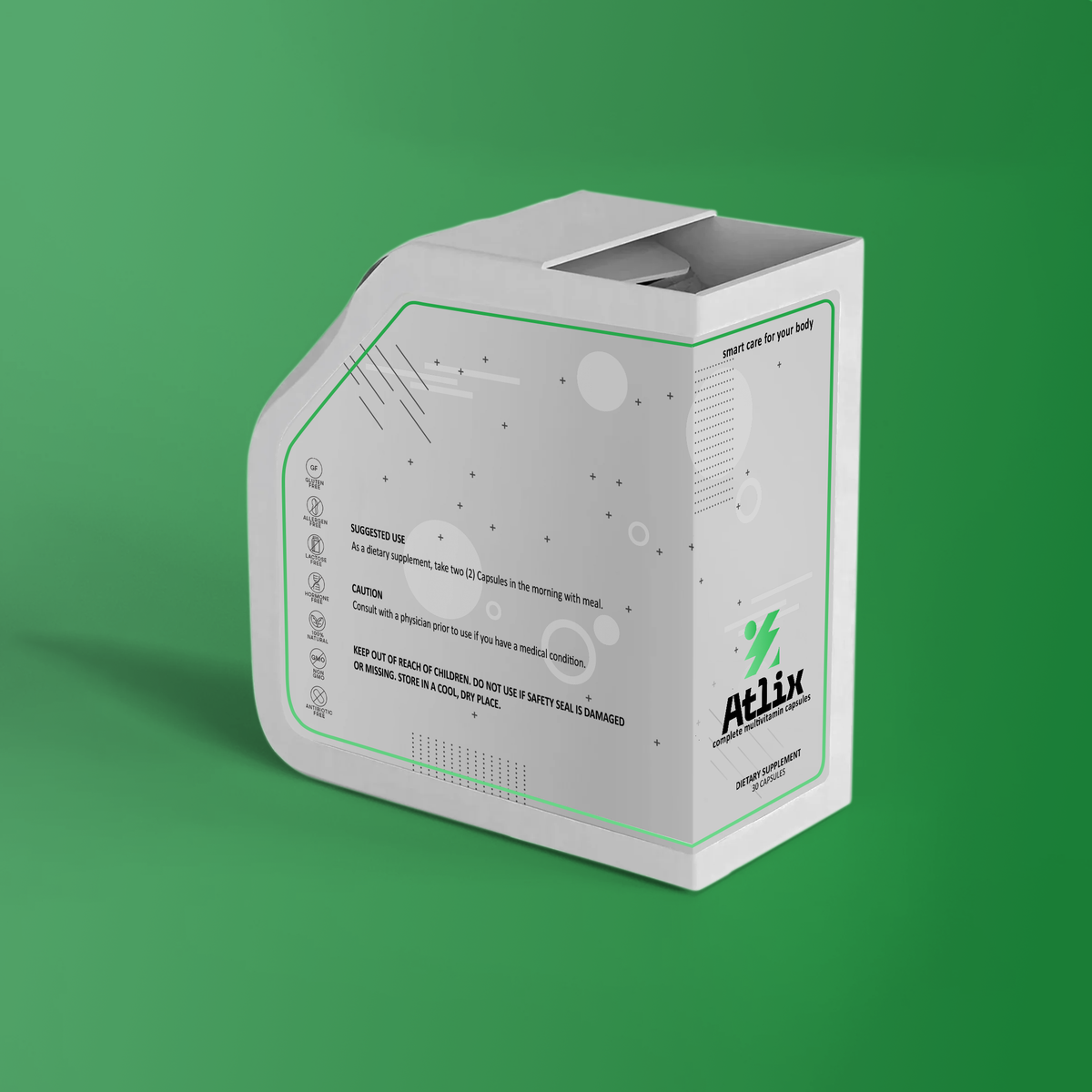 Atlix supplement packaging on a green background